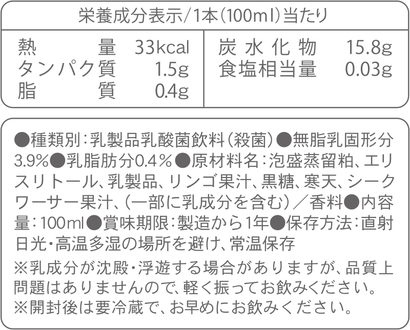 栄養成分表示/１本（100ml）当たり
